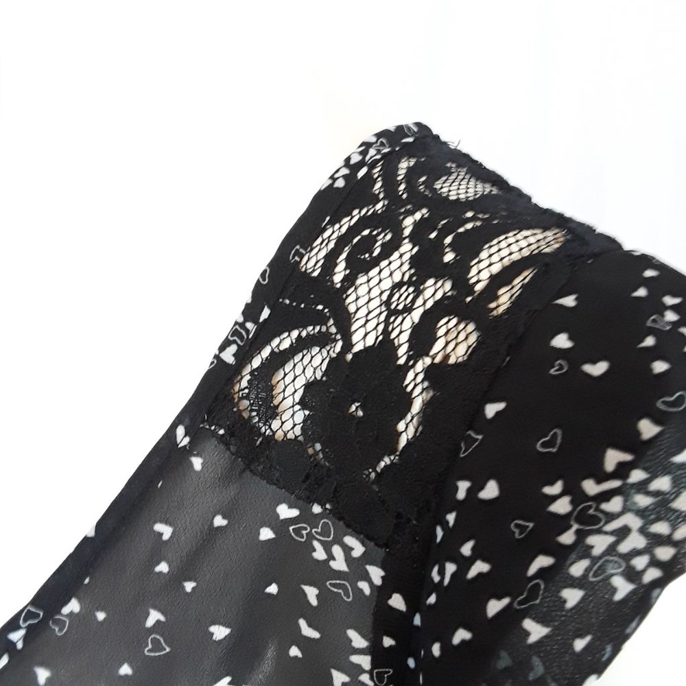 VTG Black & White Heart Chiffon Lace Cap Sleeve Sheer Blouse L - Picture 3 of 5